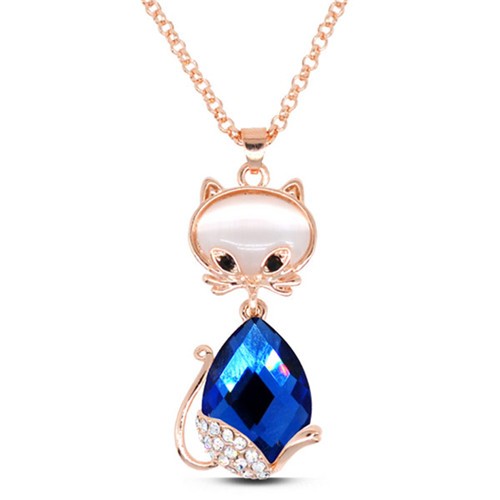 Loverly Rhinestone Decorated Glass Gem Cat Pendant Golden Fashion ...