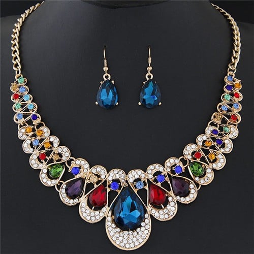 Shining Waterdrops Fashion Collar Necklace and Earrings Set - Multicolor