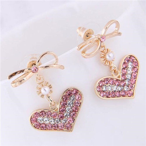 Rhinestone Cute Heart with Bowknot Fashion Women Statement Costume Earrings