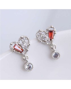 Cubic Zirconia Inlaid Cute Heart Design Sweet Fashion Women Copper Earrings - Silver