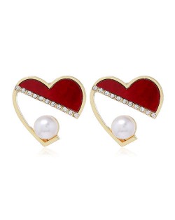 Rhinestone and Artificial Pearl Embellished Cute Heart Design Korean Fashion Women Earrings - Red