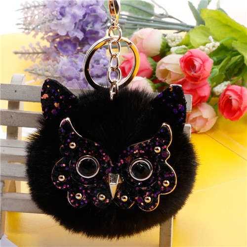 JewelryBund Cute Owl Fluffy Ball Popular Car Pendant Women Accessories Wholesale Key Chain - Blue