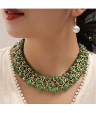 Triple Layers Turquoise Beads Weaving Pattern Short Wholesale Costume Necklace - Green