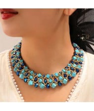 Triple Layers Turquoise Beads Weaving Pattern Short Wholesale Costume Necklace - Blue