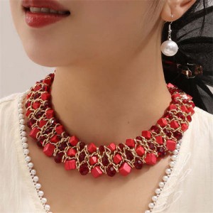 Triple Layers Turquoise Beads Weaving Pattern Short Wholesale Costume Necklace - Red