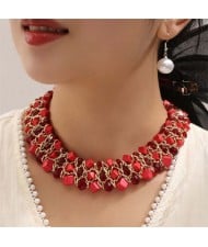 Triple Layers Turquoise Beads Weaving Pattern Short Wholesale Costume Necklace - Red