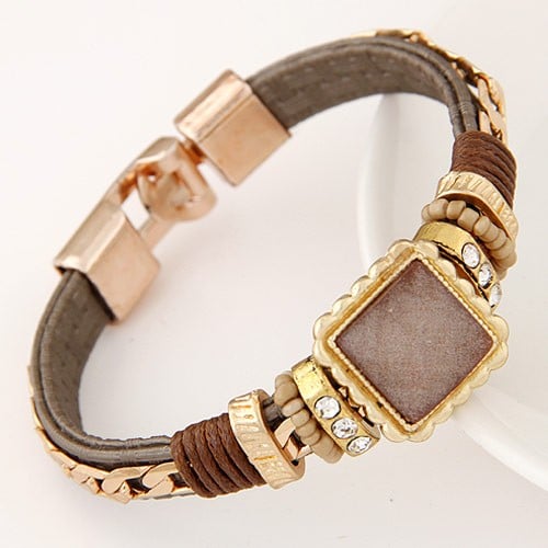 Square Gem Embedded Beads And Threads Decorated Leather Texture Fashion 